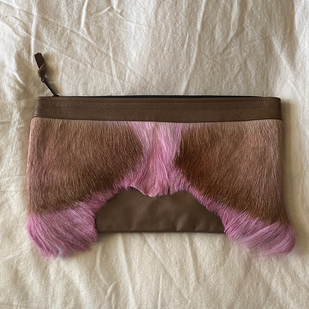 Leather and Haircalf Pink-Brown Wristlet Clutch